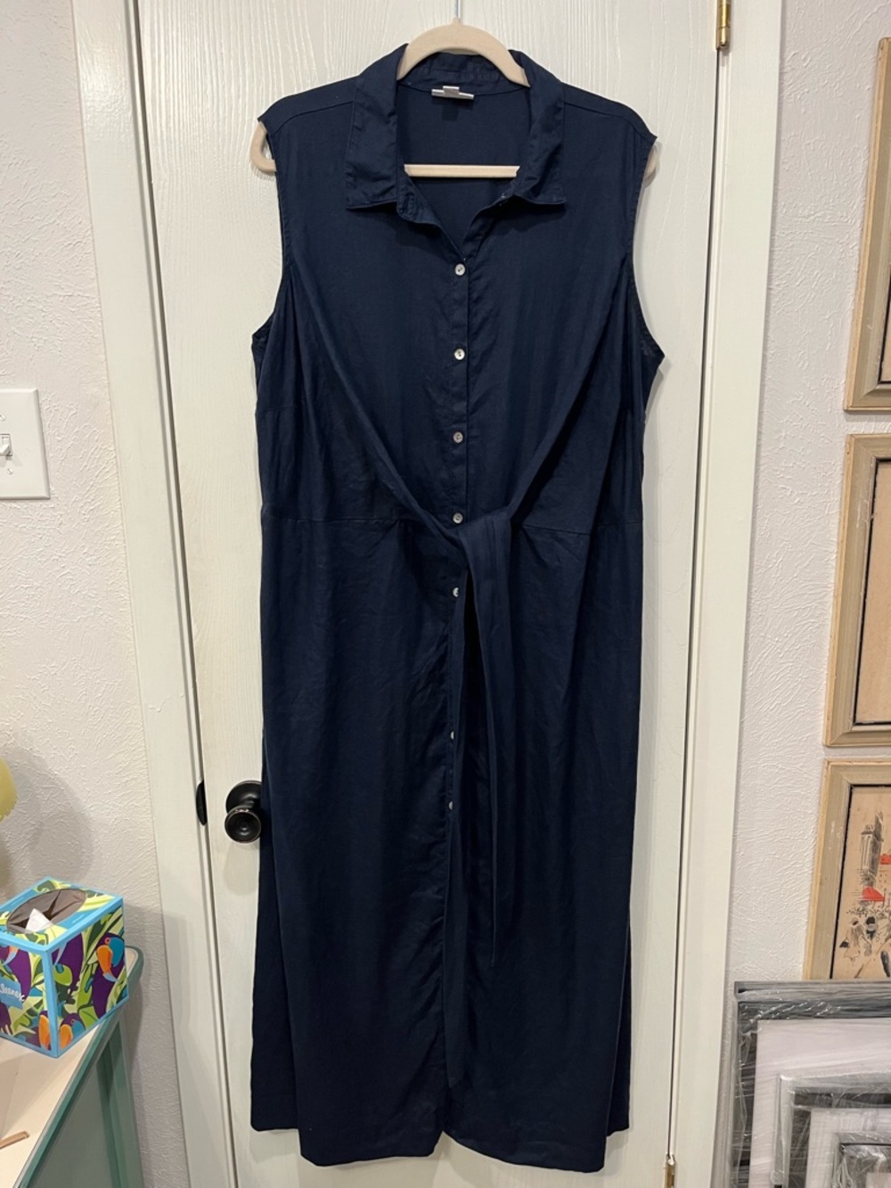 J. Jill Womens 100% Linen Navy Blue Shirt Dress Maxi Size XL Tall Summer Cottage